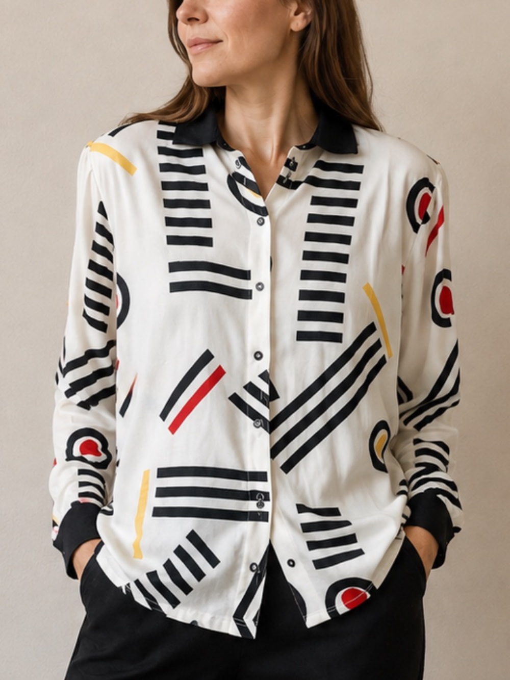 Marimekko Vintage  Abstract Geometric Print Button Front Top Cotton Medium